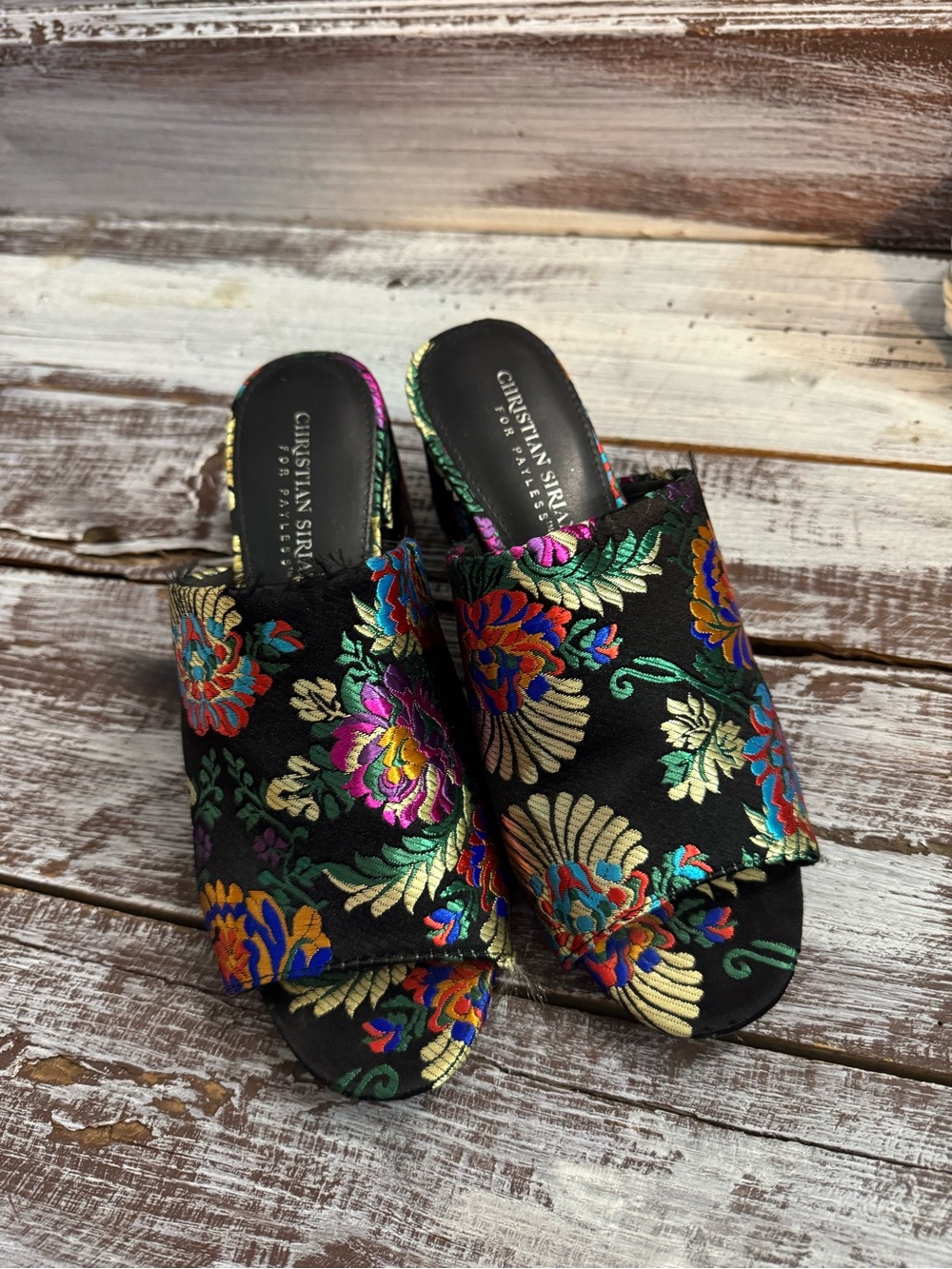 Christian Siriano Black Multicolor Floral Embroidered Slide Mules
